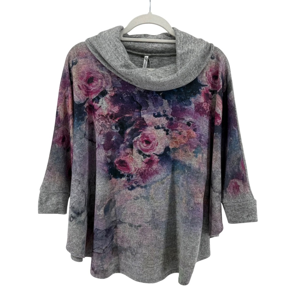 Passports‎ Womens Small Top Tunic Gray Floral Watercolor Cowl Neck Poncho